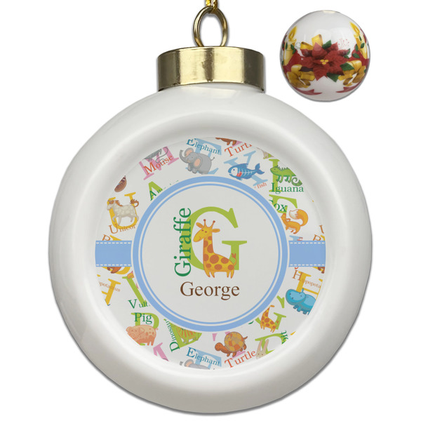 Custom Animal Alphabet Ceramic Ball Ornaments - Poinsettia Garland (Personalized)