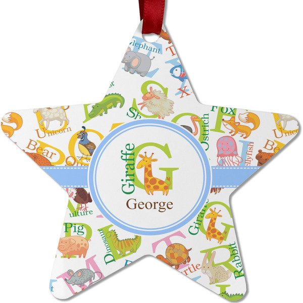 Custom Animal Alphabet Metal Star Ornament - Double Sided w/ Name or Text