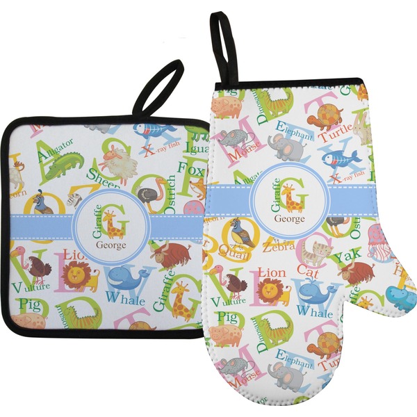 Custom Animal Alphabet Oven Mitt & Pot Holder Set w/ Name or Text