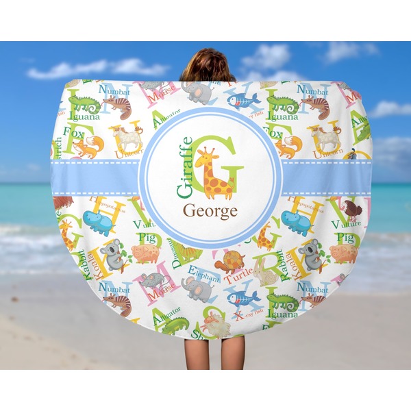 Animal Alphabet Round Beach Towel - In Use