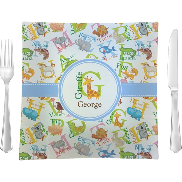 Custom Animal Alphabet 9.5" Glass Square Lunch / Dinner Plate- Single or Set of 4 (Personalized)