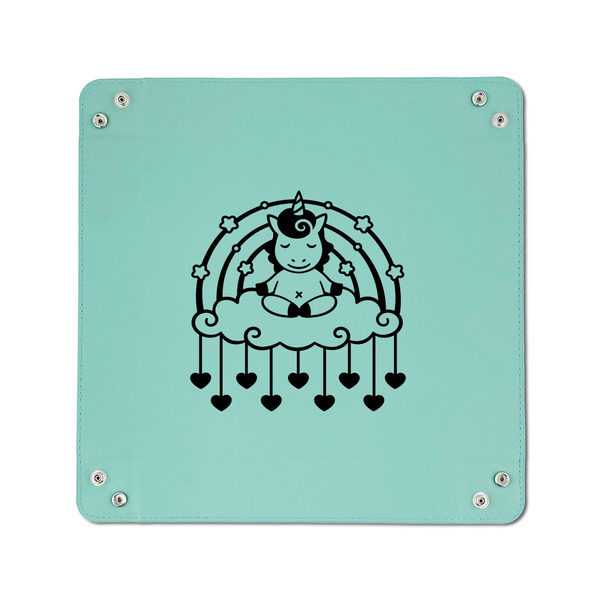 Rainbows and Unicorns 6" x 6" Teal Leatherette Snap Up Tray - APPROVAL