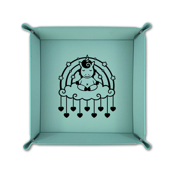 Rainbows and Unicorns 6" x 6" Teal Leatherette Snap Up Tray - FOLDED UP