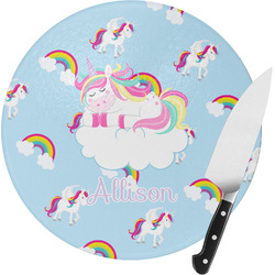 Rainbows and Unicorns Round Glass Cutting Board - Small (Personalized)