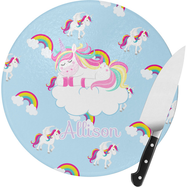 Custom Rainbows and Unicorns Round Glass Cutting Board - Small (Personalized)