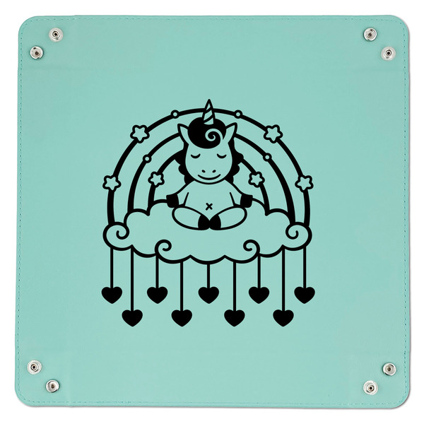 Rainbows and Unicorns 9" x 9" Teal Leatherette Snap Up Tray - APPROVAL
