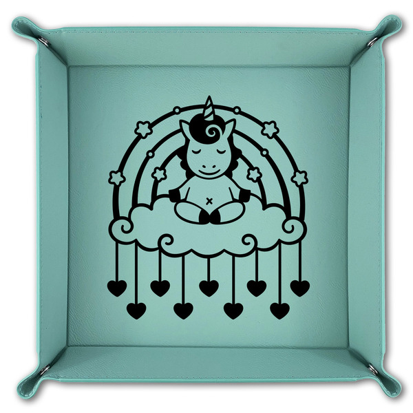 Rainbows and Unicorns 9" x 9" Teal Leatherette Snap Up Tray - FOLDED