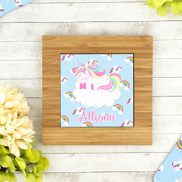 Rainbows and Unicorns Bamboo Trivet with 6" Tile - LIFESTYLE