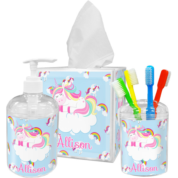 Custom Rainbows and Unicorns Acrylic Bathroom Accessories Set w/ Name or Text