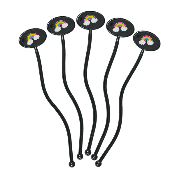 Rainbows and Unicorns Black Plastic 7" Stir Stick - Oval - Fan