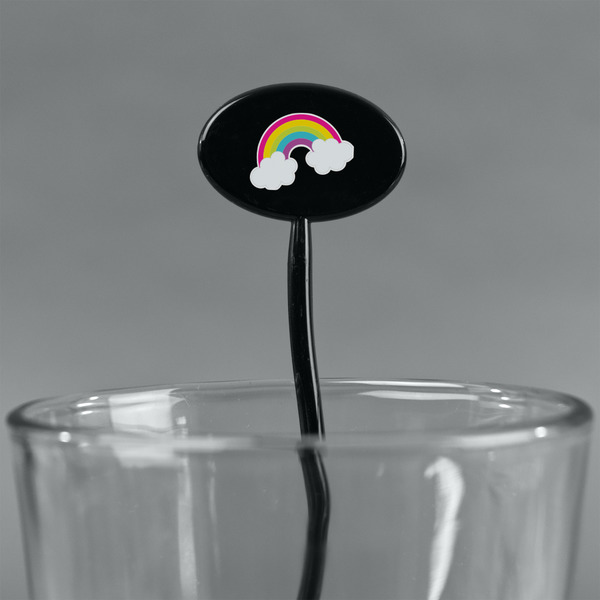 Rainbows and Unicorns Black Plastic 7" Stir Stick - Oval - Main