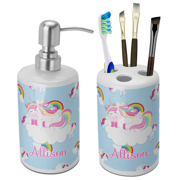 Custom Rainbows and Unicorns Ceramic Bathroom Accessories Set (Personalized)