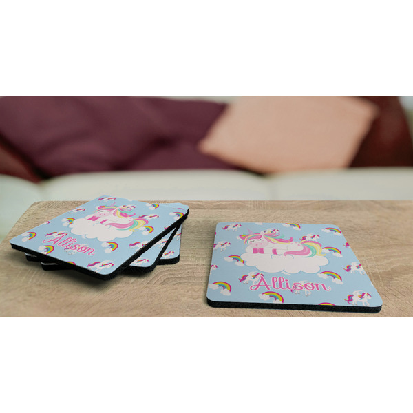 Rainbows and Unicorns Coaster Rubber Back - On Coffee Table