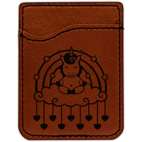 Rainbows and Unicorns Cognac Leatherette Phone Wallet close up