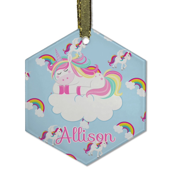 Custom Rainbows and Unicorns Flat Glass Ornament - Hexagon w/ Name or Text
