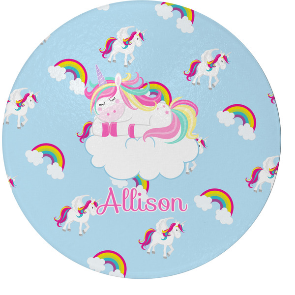 Custom Rainbows and Unicorns Round Glass Cutting Board - Medium (Personalized)