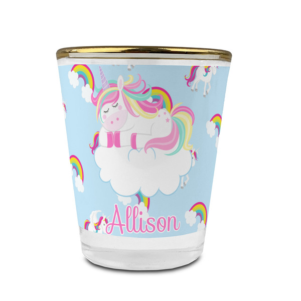 Custom Rainbows and Unicorns Glass Shot Glass - 1.5 oz - with Gold Rim - Single (Personalized)