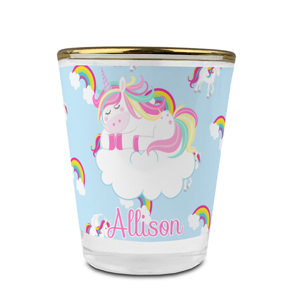 Rainbows and Unicorns Glass Shot Glass - With gold rim - FRONT
