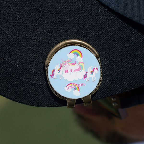 Rainbows and Unicorns Golf Ball Marker Hat Clip - Gold - On Hat