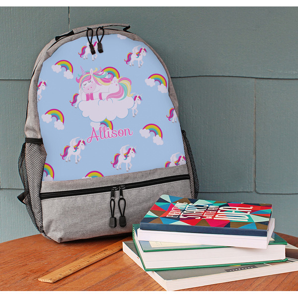 Rainbows and Unicorns Large Backpack - Gray - On Desk