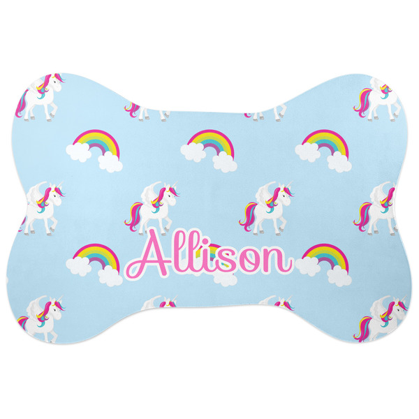 Custom Rainbows and Unicorns Bone Shaped Dog Food Mat (Large) (Personalized)
