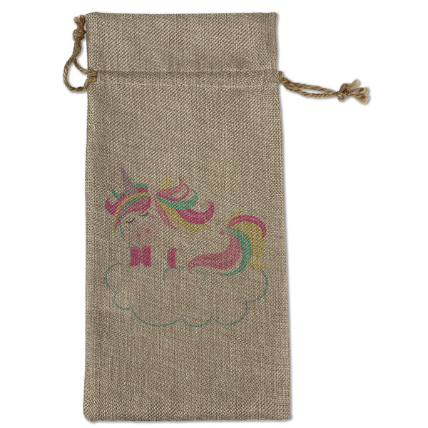 Custom Rainbows and Unicorns Large Burlap Gift Bag - Front
