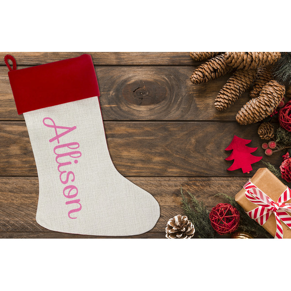Rainbows and Unicorns Linen Stocking w/Red Cuff - Flat Lay (LIFESTYLE)