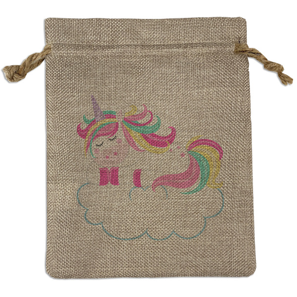 Custom Rainbows and Unicorns Medium Burlap Gift Bag - Front
