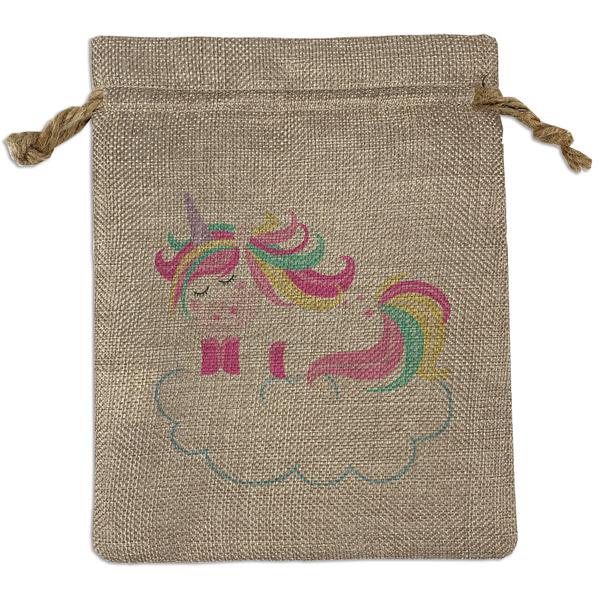 Custom Rainbows and Unicorns Medium Burlap Gift Bag - Front