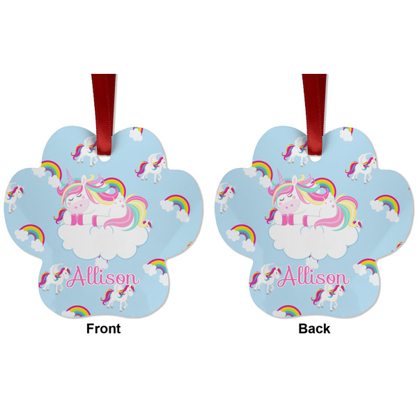 Rainbows and Unicorns Metal Paw Ornament - Front and Back