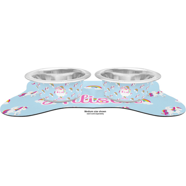 Rainbows and Unicorns Metal Pet Bowls - On Dog Bone Shaped Mat