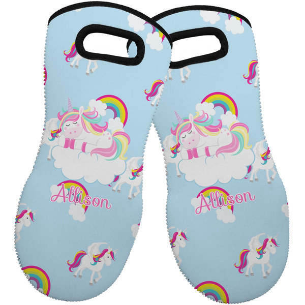Custom Rainbows and Unicorns Neoprene Oven Mitts - Set of 2 w/ Name or Text