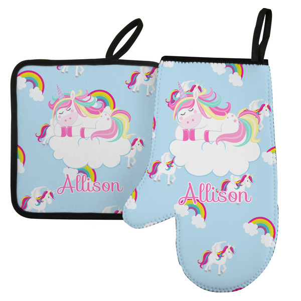 Custom Rainbows and Unicorns Left Oven Mitt & Pot Holder Set w/ Name or Text
