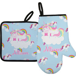 Rainbows and Unicorns Oven Mitt & Pot Holder Set w/ Name or Text