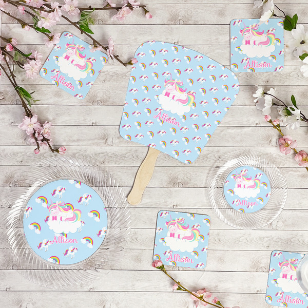 Rainbows and Unicorns Party Supplies Combination Image - All items - Plates, Coasters, Fans