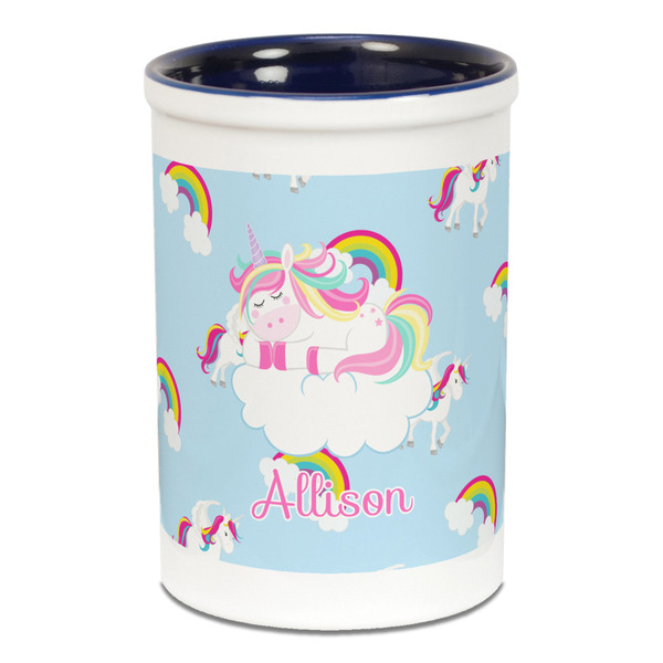 Custom Rainbows and Unicorns Ceramic Pencil Holders - Blue