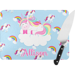 Rainbows and Unicorns Rectangular Glass Cutting Board - Large - 15.25"x11.25" w/ Name or Text