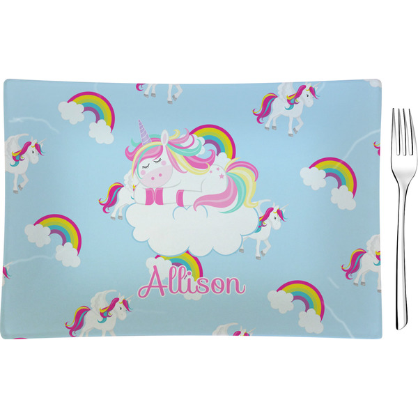 Custom Rainbows and Unicorns Glass Rectangular Appetizer / Dessert Plate w/ Name or Text