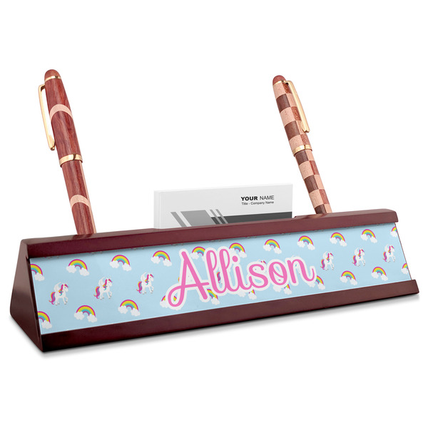 Custom Rainbows and Unicorns Red Mahogany Nameplate with Business Card Holder (Personalized)