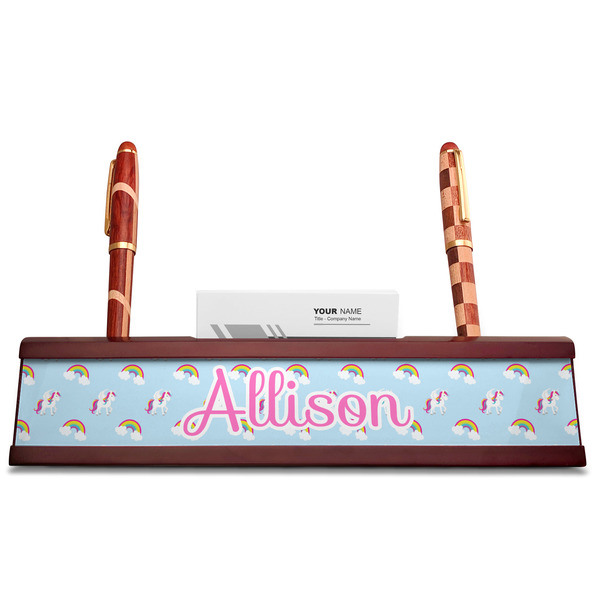 Rainbows and Unicorns Red Mahogany Nameplates with Business Card Holder - Straight