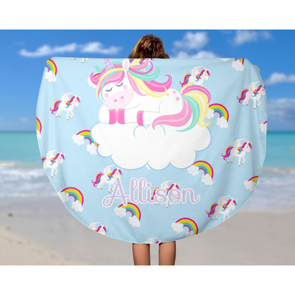 Rainbows and Unicorns Round Beach Towel - In Use