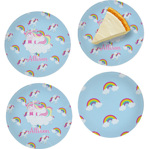 Custom Rainbows and Unicorns Set of 4 Glass Appetizer / Dessert Plate 8" (Personalized)