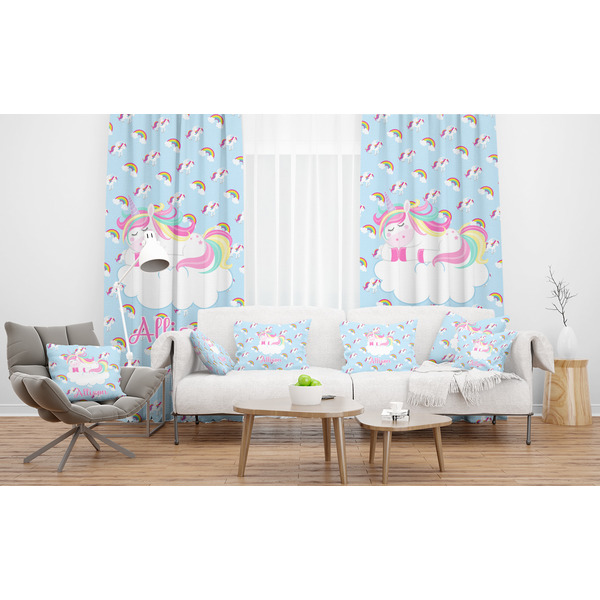 Rainbows and Unicorns Sheer and Custom Curtains in Room with Matching Pillows