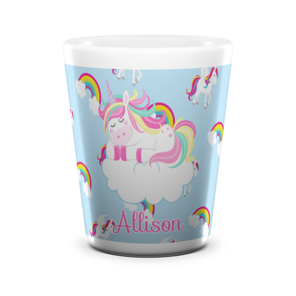 Custom Rainbows and Unicorns Ceramic Shot Glass - 1.5 oz - White - Set of 4 (Personalized)