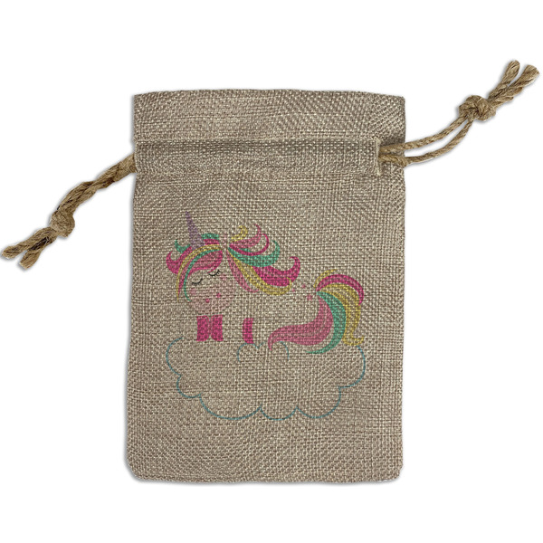 Custom Rainbows and Unicorns Small Burlap Gift Bag - Front