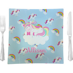 Rainbows and Unicorns 9.5" Glass Square Lunch / Dinner Plate- Single or Set of 4 (Personalized)