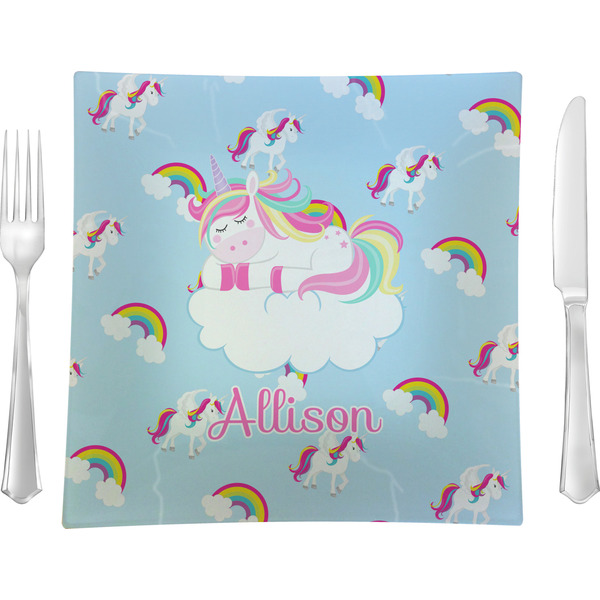 Custom Rainbows and Unicorns 9.5" Glass Square Lunch / Dinner Plate- Single or Set of 4 (Personalized)