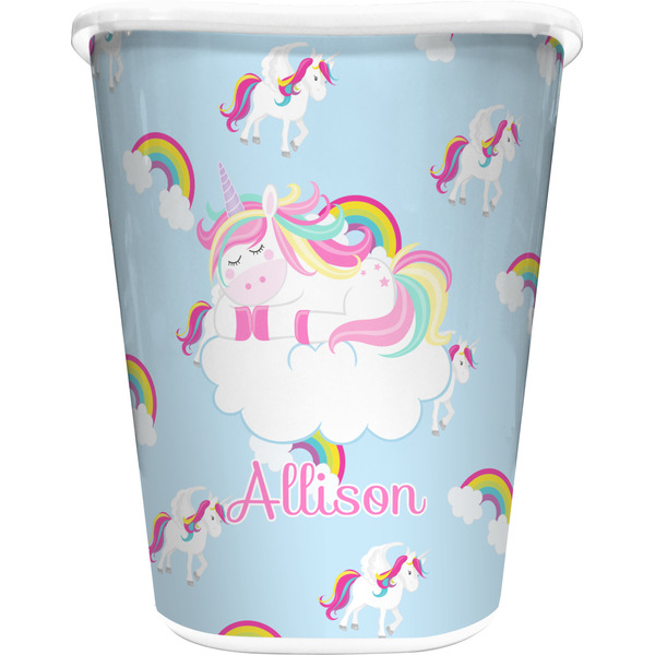 Custom Rainbows and Unicorns Waste Basket - Single Sided (White) w/ Name or Text