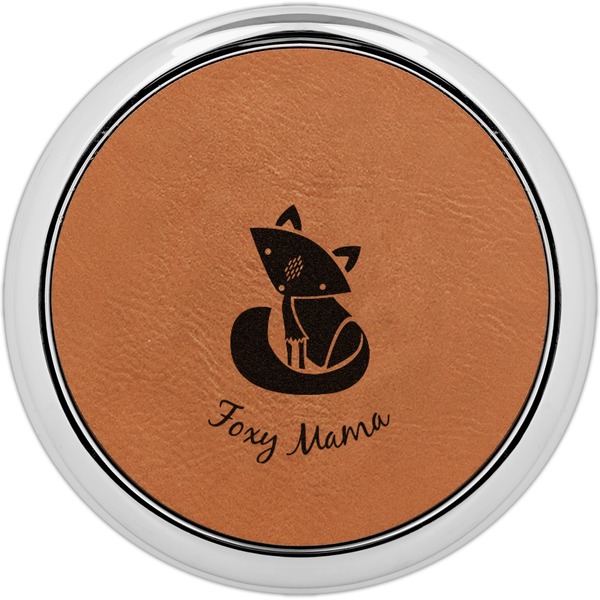 Custom Foxy Mama Set of 4 Leatherette Round Coasters w/ Silver Edge