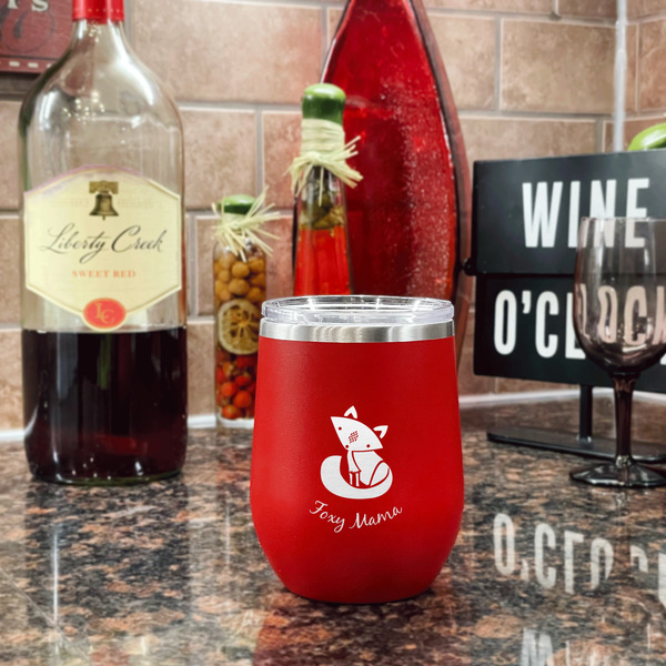 Foxy Mama Stainless Wine Tumblers - Red - Double Sided - In Context